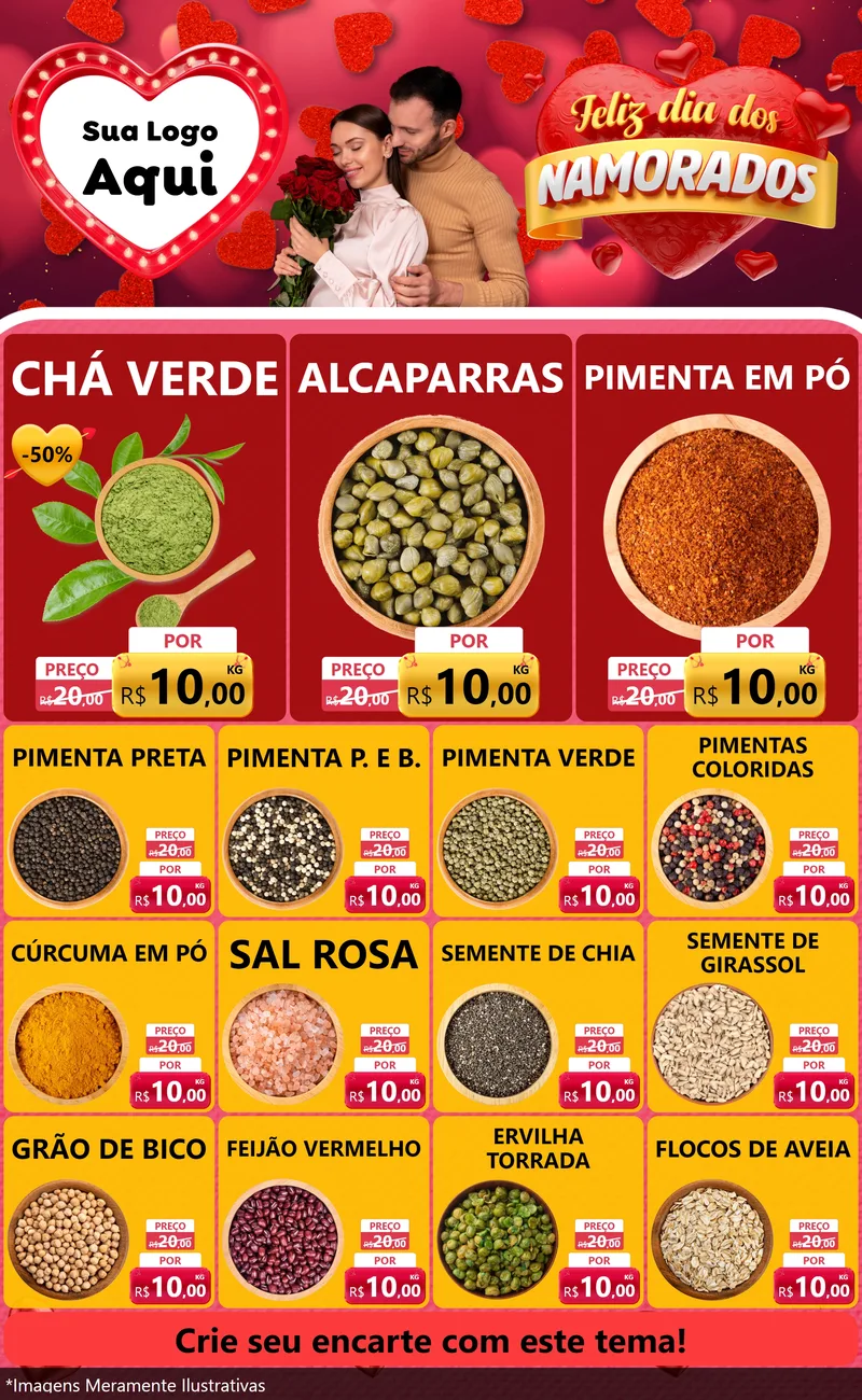 Modelo de Encarte para Encarte Grande com o tema Feliz Dia Dos Namorados para Produtos Naturais
