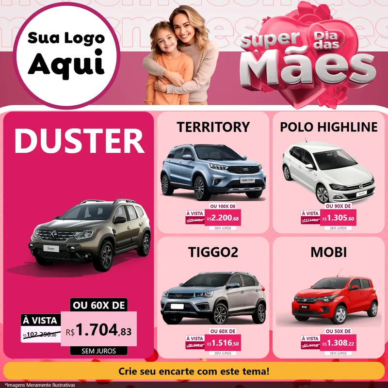 Modelo de Rede Social para Feed Facebook com o tema Super Dia Das Mães para Concessionaria de Carros