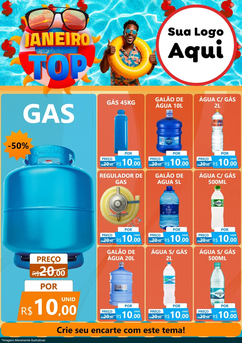 Modelo de Encarte para Encarte A4 Vertical com o tema Janeiro Top para Água e gás