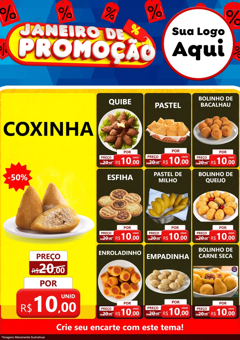 Modelo de Encarte para Encarte A4 Vertical com o tema Janeiro de Promoção para Salgadaria