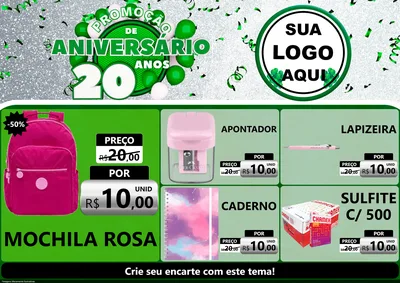 Modelo de Encarte para Encarte A4 Horizontal com o tema Promoção de Aniversário - 20 Anos para Papelaria