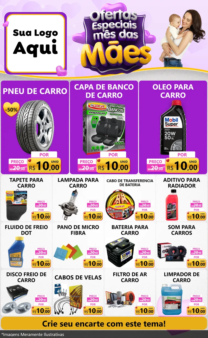 Modelo de Encarte para Encarte Grande com o tema Ofertas Especiais - Mês das Mães para Auto peças