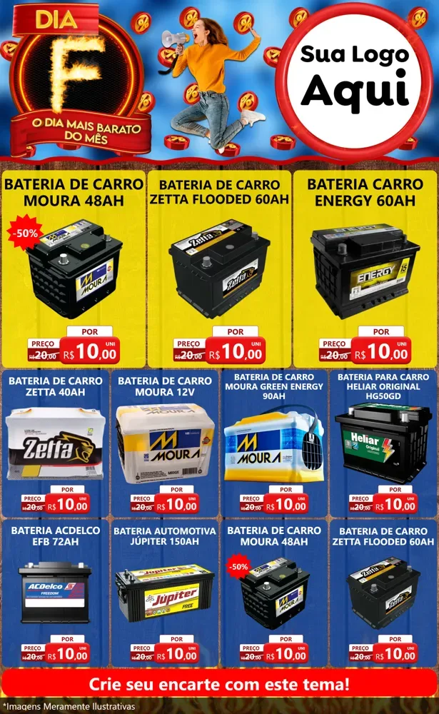 Modelo de Encarte para Encarte Grande com o tema Dia F - O Dia Mais Barato Do Mês para Baterias Elétricas
