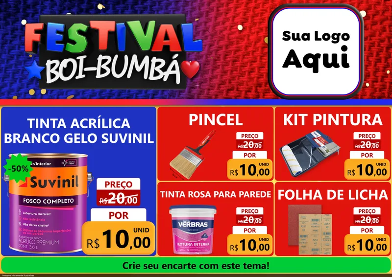 Modelo de Encarte para Encarte A4 Horizontal com o tema Festival Boi-Bumbá para Tintas e Ferramentas
