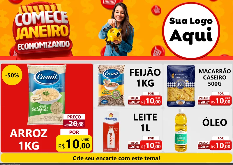 Modelo de Encarte para Encarte A4 Horizontal com o tema Comece Janeiro Economizando para Supermercado