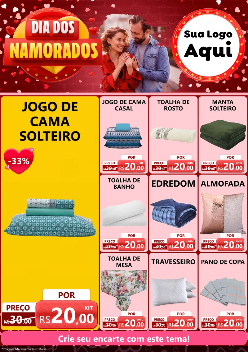 Modelo de Encarte para Encarte A4 Vertical com o tema Dia Dos Namorados para Cama, Mesa e Banho