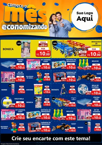 Modelo de Encarte para Encarte A4 Vertical com o tema Comece O Mês Economizando para Brinquedos