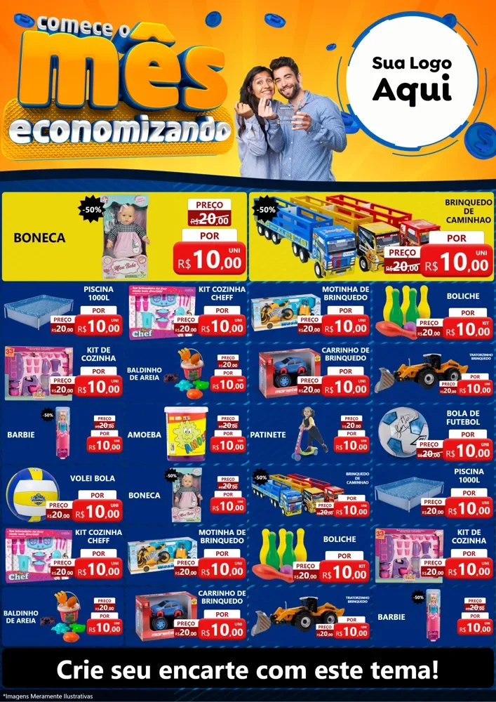 Modelo de Encarte para Encarte A4 Vertical com o tema Comece O Mês Economizando para Brinquedos