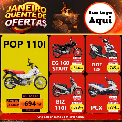 Modelo de Rede Social para Feed Facebook com o tema Janeiro Quente de Ofertas para Concessionaria de Motos