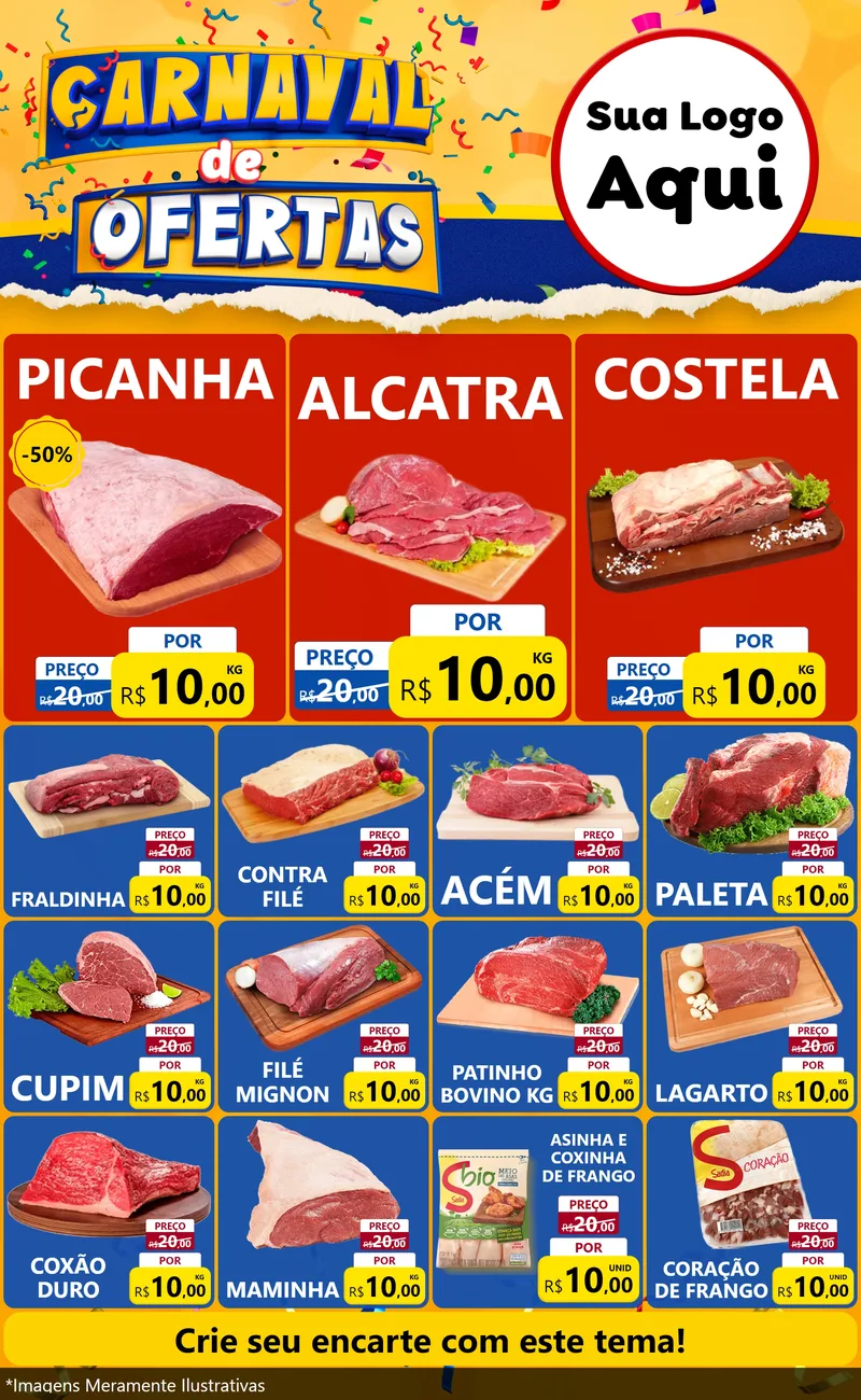 Modelo de Encarte para Encarte Grande com o tema Carnaval de Ofertas para Açougue