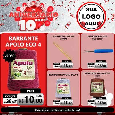 Modelo de Rede Social para Feed Facebook com o tema Promoção de Aniversário - 10 Anos para Armarinho e Aviamentos