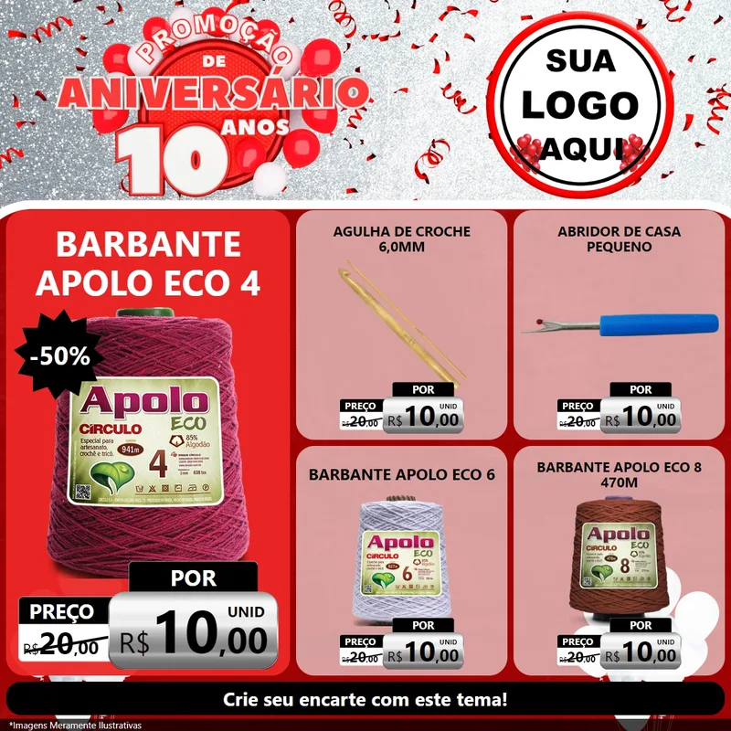 Modelo de Rede Social para Feed Facebook com o tema Promoção de Aniversário - 10 Anos para Armarinho e Aviamentos