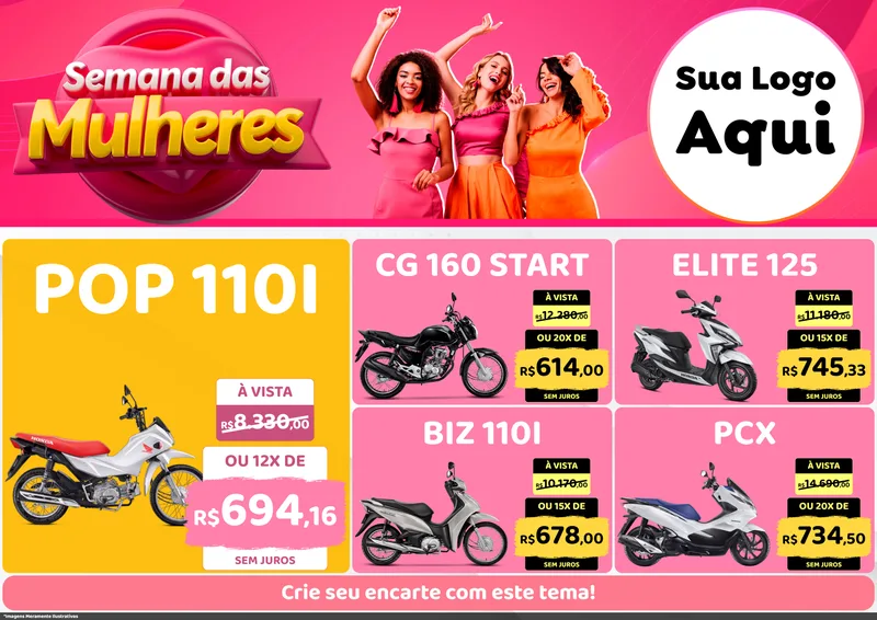 Modelo de Encarte para Encarte A4 Horizontal com o tema Semana das Mulheres para Concessionaria de Motos