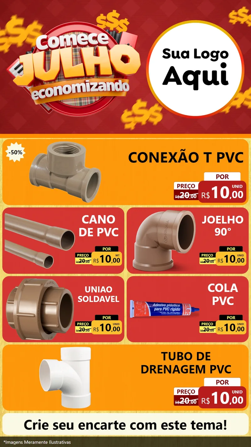 Modelo de TV para TV Vertical com o tema Comece Julho Economizando para Tubos e conexões