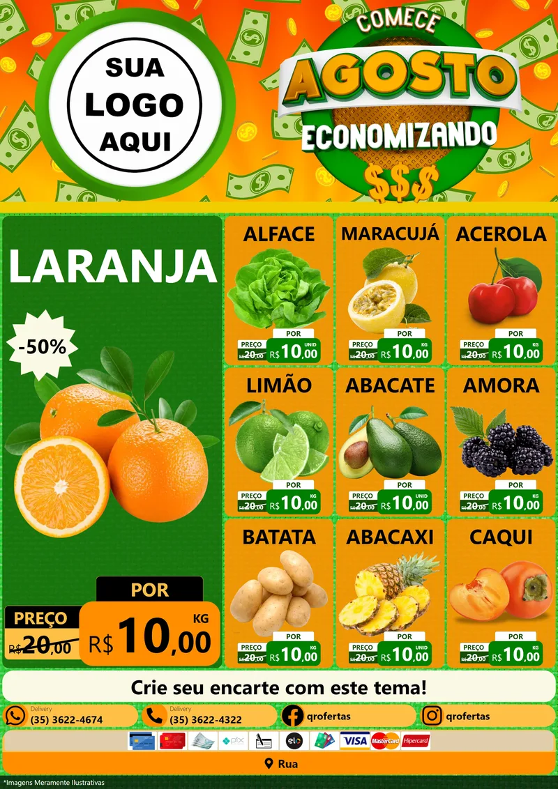 Modelo de Encarte para Encarte A4 Vertical com o tema Comece Agosto Economizando para Hortifrúti