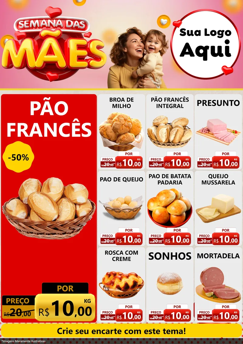 Modelo de Encarte para Encarte A4 Vertical com o tema Semana das Mães para Padaria