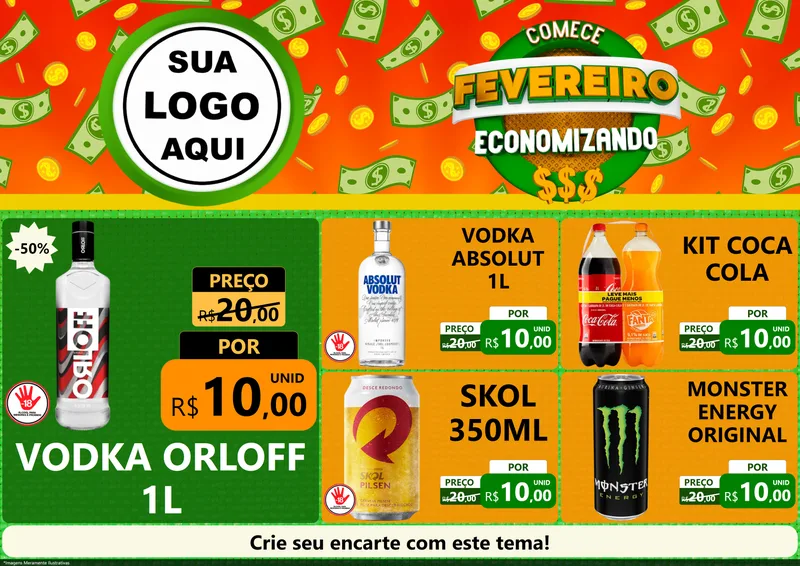 Modelo de Encarte para Encarte A4 Horizontal com o tema Comece Fevereiro Economizando para Distribuidora de bebidas