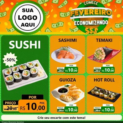 Modelo de Rede Social para Feed Facebook com o tema Comece Fevereiro Economizando para Comida japonesa