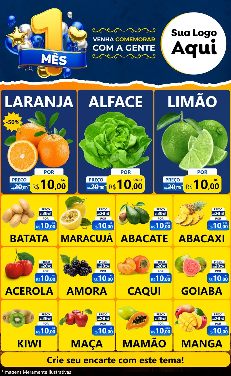 Modelo de Encarte para Encarte Grande com o tema Um Mês de Aniversário para Hortifrúti
