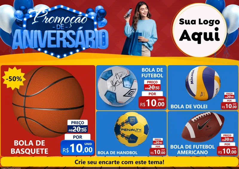 Modelo de Encarte para Encarte A4 Horizontal com o tema Promoção de Aniversário para Artigos Esportivos