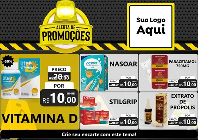 Modelo de Encarte para Encarte A4 Horizontal com o tema Alerta de Promoções para Farmácia