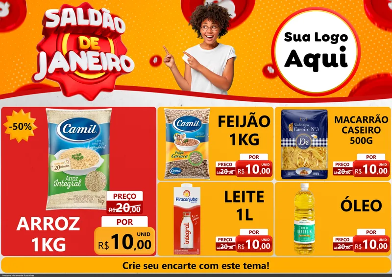 Modelo de Encarte para Encarte A4 Horizontal com o tema Saldão de Janeiro para Supermercado