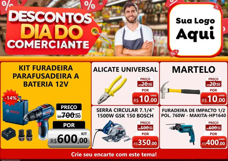 Modelo de Encarte para Encarte A4 Horizontal com o tema Descontos Dia do Comerciante para Maquinas e Ferramentas