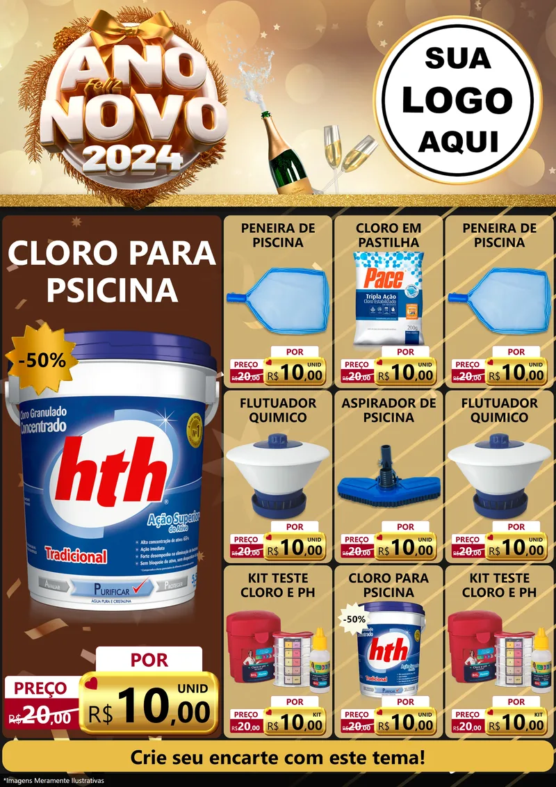 Modelo de Encarte para Encarte A4 Vertical com o tema Feliz Ano Novo 2027 para Produtos para Piscina
