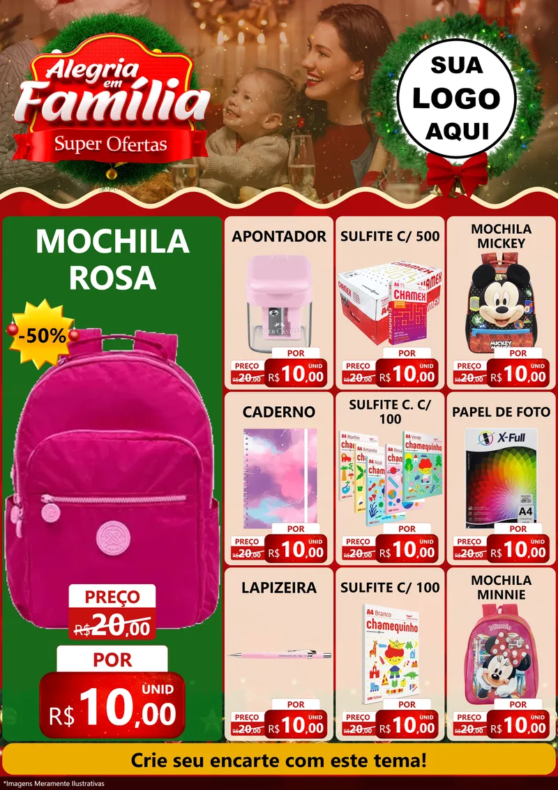 Modelo de Encarte para Encarte A4 Vertical com o tema Alegria Em Família - Super Ofertas para Papelaria