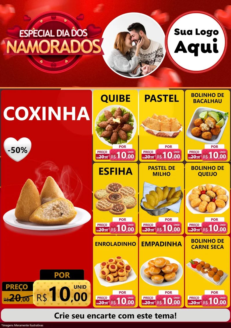 Modelo de Encarte para Encarte A4 Vertical com o tema Especial Dia Dos Namorados para Salgadaria