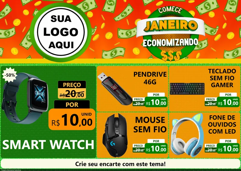 Modelo de Encarte para Encarte A4 Horizontal com o tema Comece Janeiro Economizando para Informática