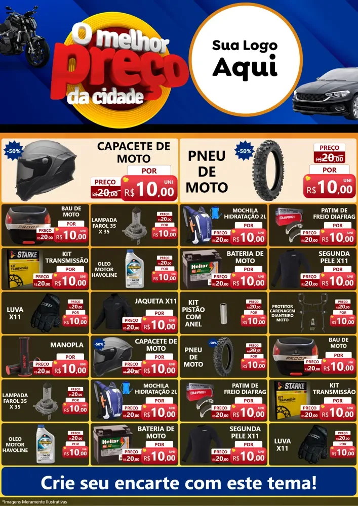 Modelo de Encarte para Encarte A4 Vertical com o tema O Melhor Preço da Cidade - Auto e Motopeças para Moto peças