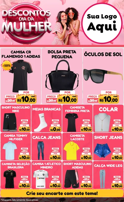 Modelo de Encarte para Encarte Grande com o tema Descontos Dia da Mulher para Roupas e acessórios