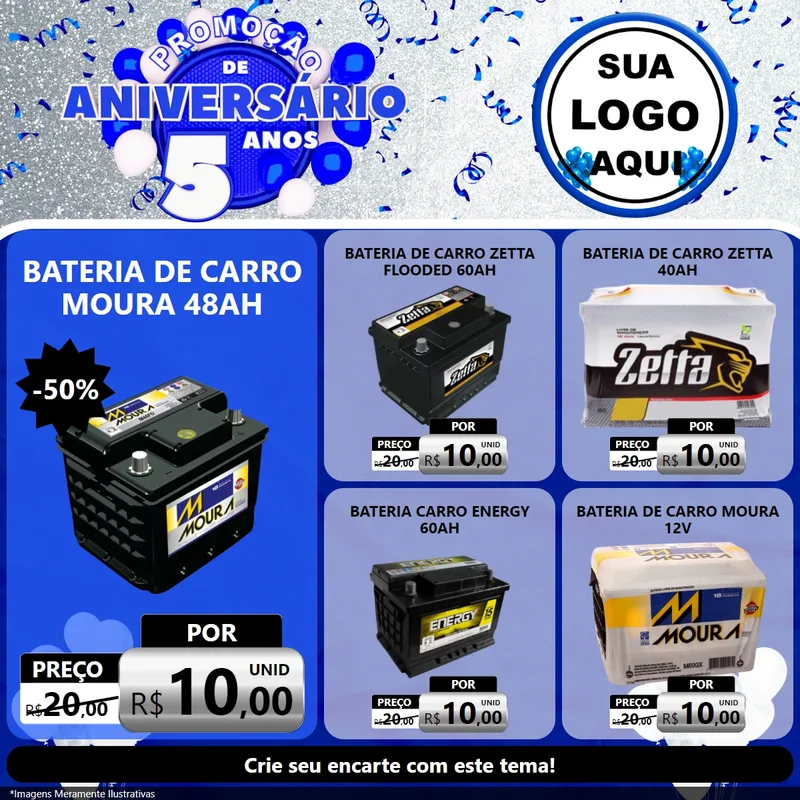 Modelo de Rede Social para Feed Facebook com o tema Promoção de Aniversário - 5 Anos para Baterias Elétricas