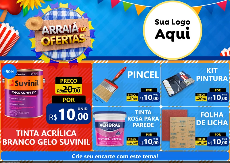 Modelo de Encarte para Encarte A4 Horizontal com o tema Arraiá de Ofertas para Tintas e Ferramentas