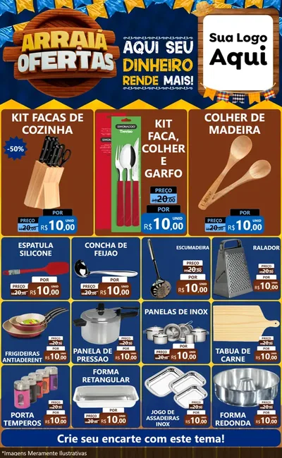 Modelo de Encarte para Encarte Grande com o tema Arraiá de Ofertas - Junina para Utilidades Domésticas