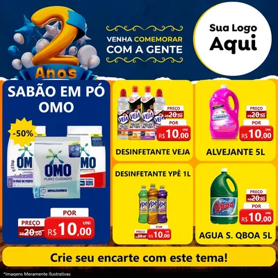 Modelo de Rede Social para Feed Facebook com o tema Aniversário de 2 anos para Produtos de Limpeza