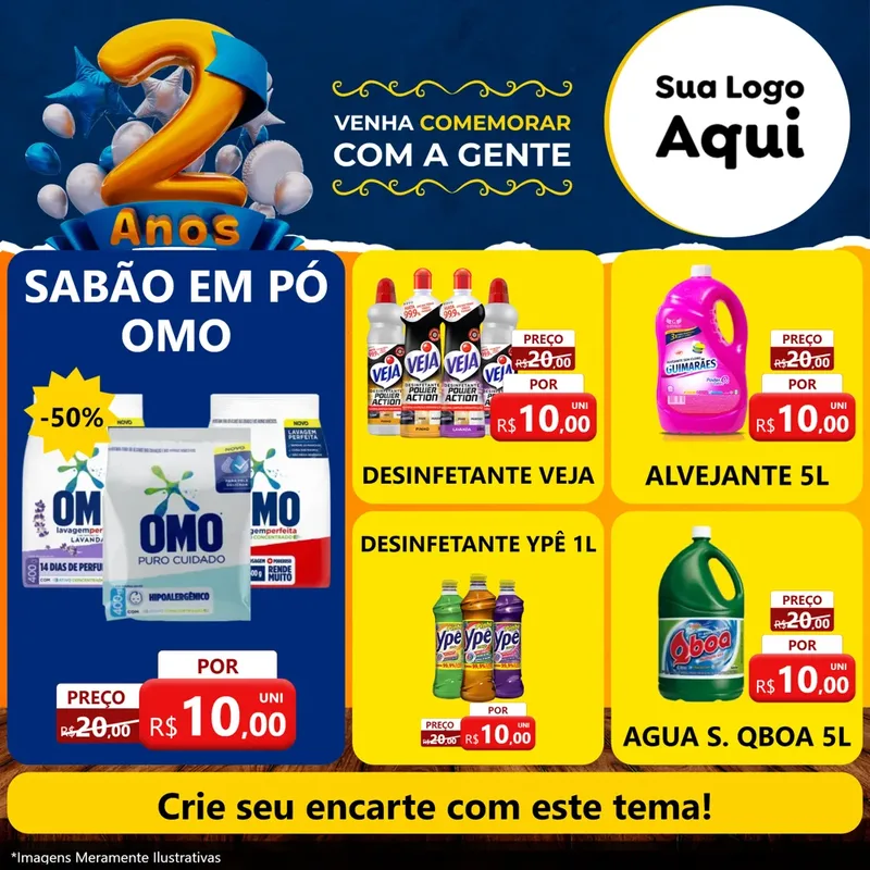 Modelo de Rede Social para Feed Facebook com o tema Aniversário de 2 anos para Produtos de Limpeza