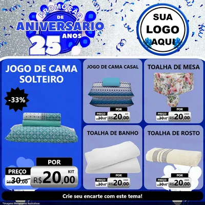Modelo de Rede Social para Feed Facebook com o tema Promoção de Aniversário - 25 Anos para Cama, Mesa e Banho