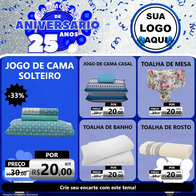 Modelo de Rede Social para Feed Facebook com o tema Promoção de Aniversário - 25 Anos para Cama, Mesa e Banho