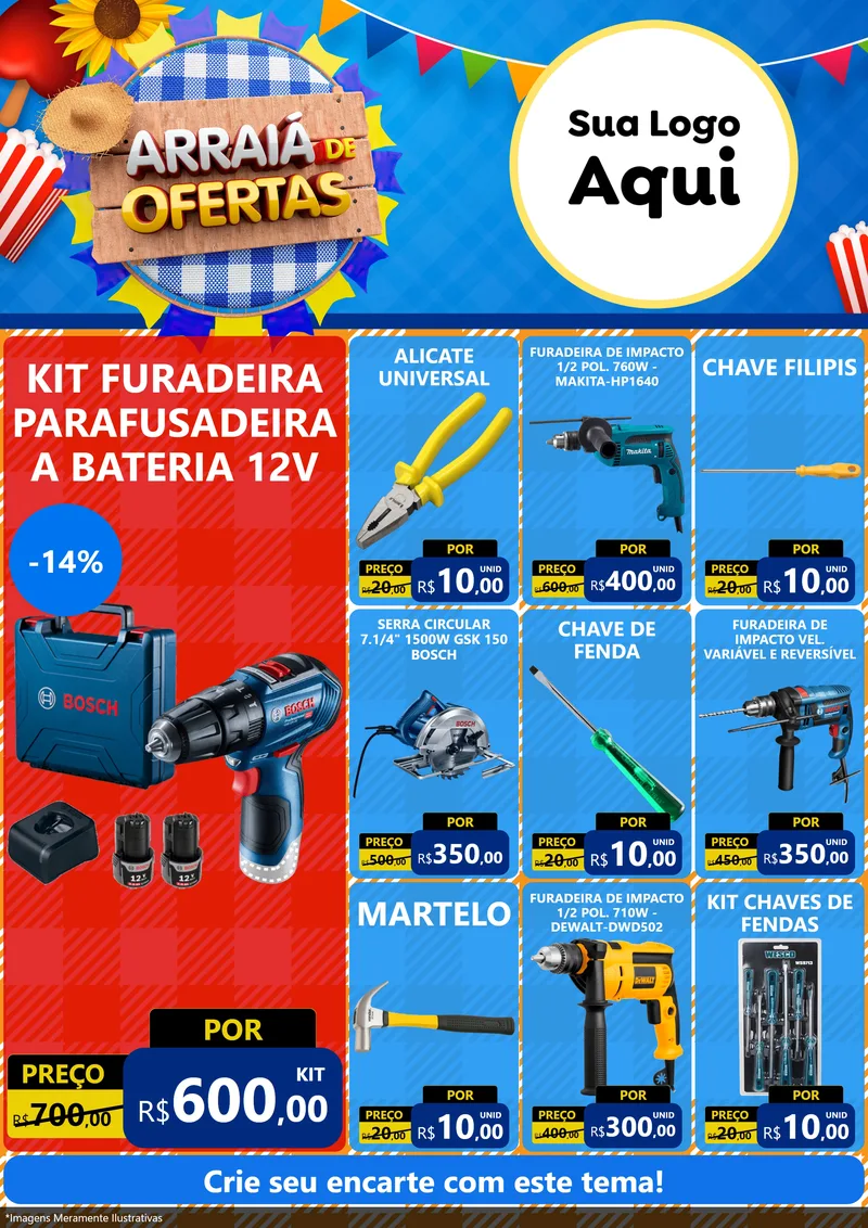 Modelo de Encarte para Encarte A4 Vertical com o tema Arraiá de Ofertas para Maquinas e Ferramentas