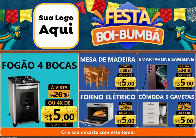 Modelo de Encarte para Encarte A4 Horizontal com o tema Festa Boi Bumbá para Móveis e Eletro