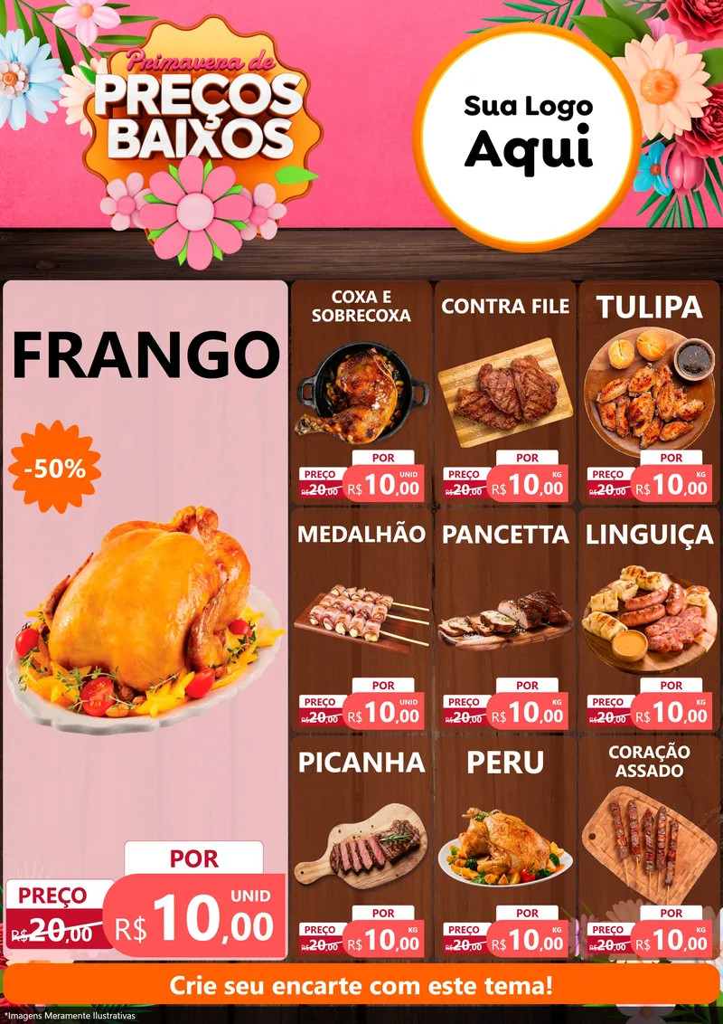 Modelo de Encarte para Encarte A4 Vertical com o tema Primavera de Preços Baixos para Assados
