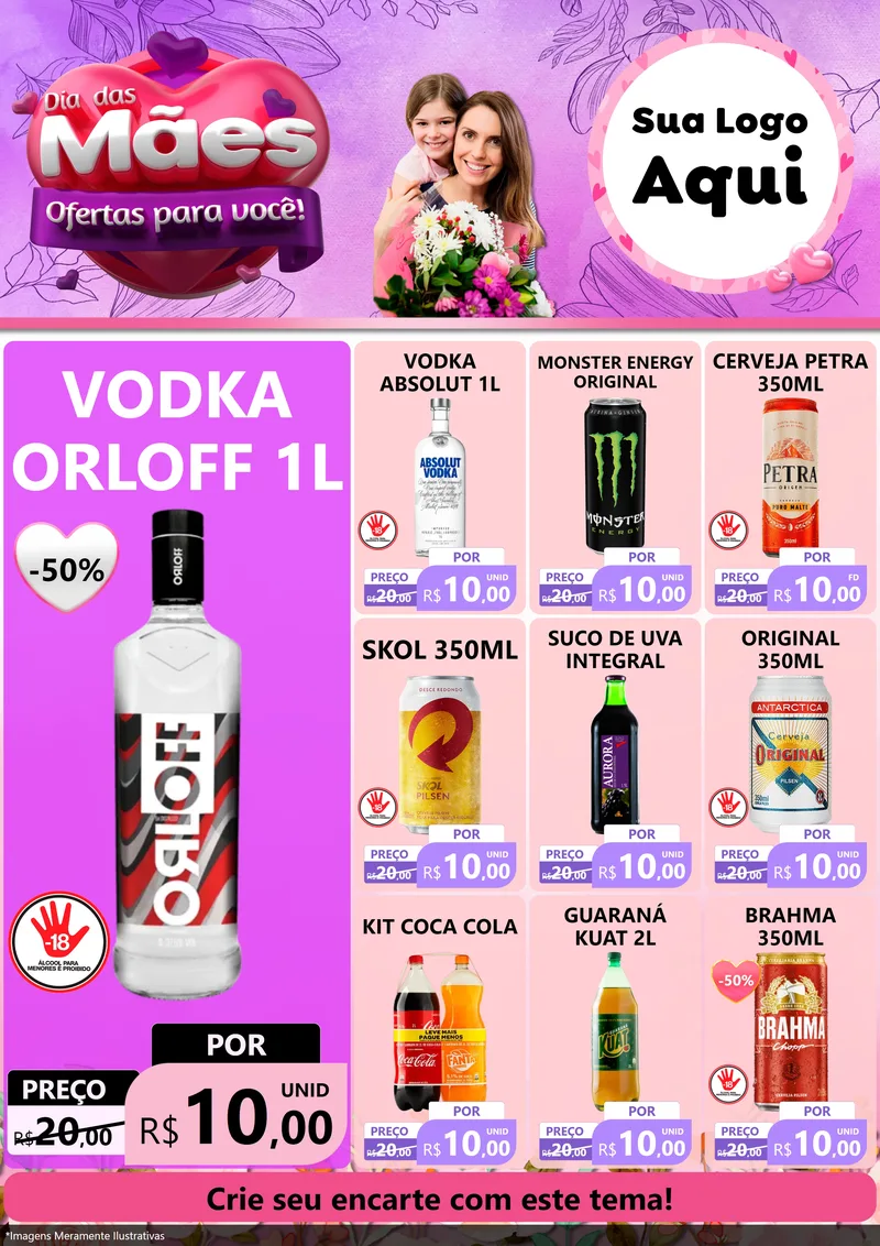 Modelo de Encarte para Encarte A4 Vertical com o tema Dia das Mães Ofertas para Você! para Distribuidora de bebidas