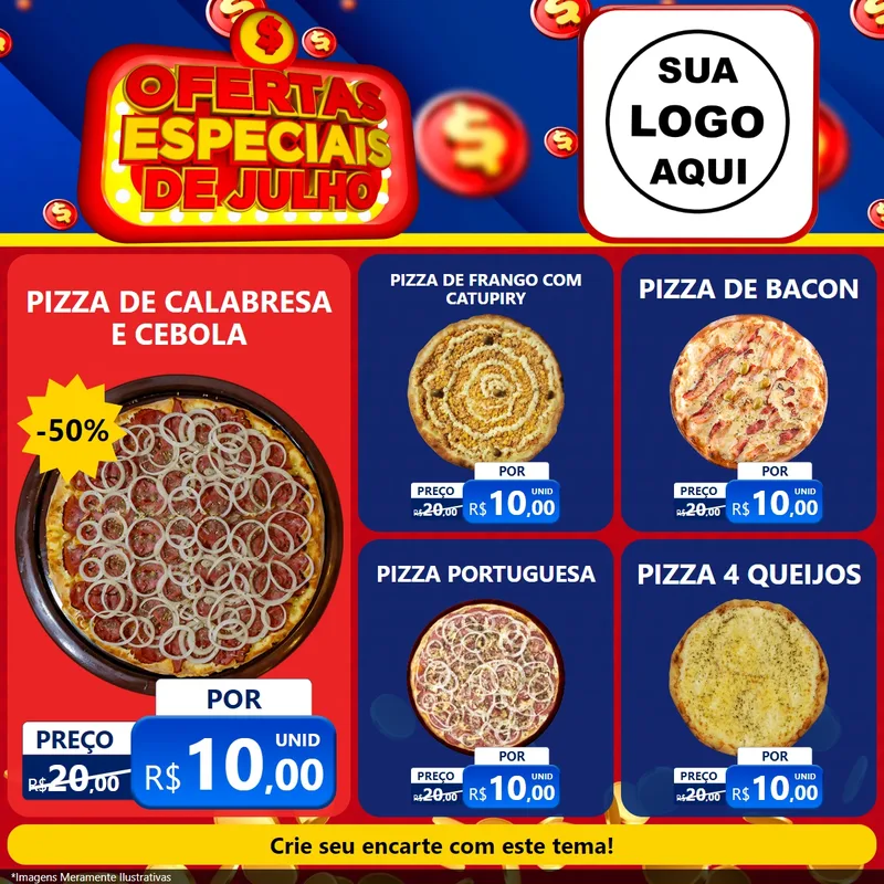 Modelo de Rede Social para Feed Facebook com o tema Ofertas Especiais de Julho para Pizzaria