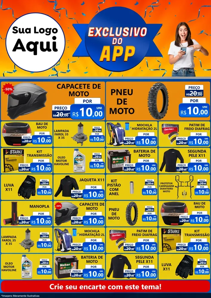 Modelo de Encarte para Encarte A4 Vertical com o tema Exclusivo do Aplicativo para Moto peças