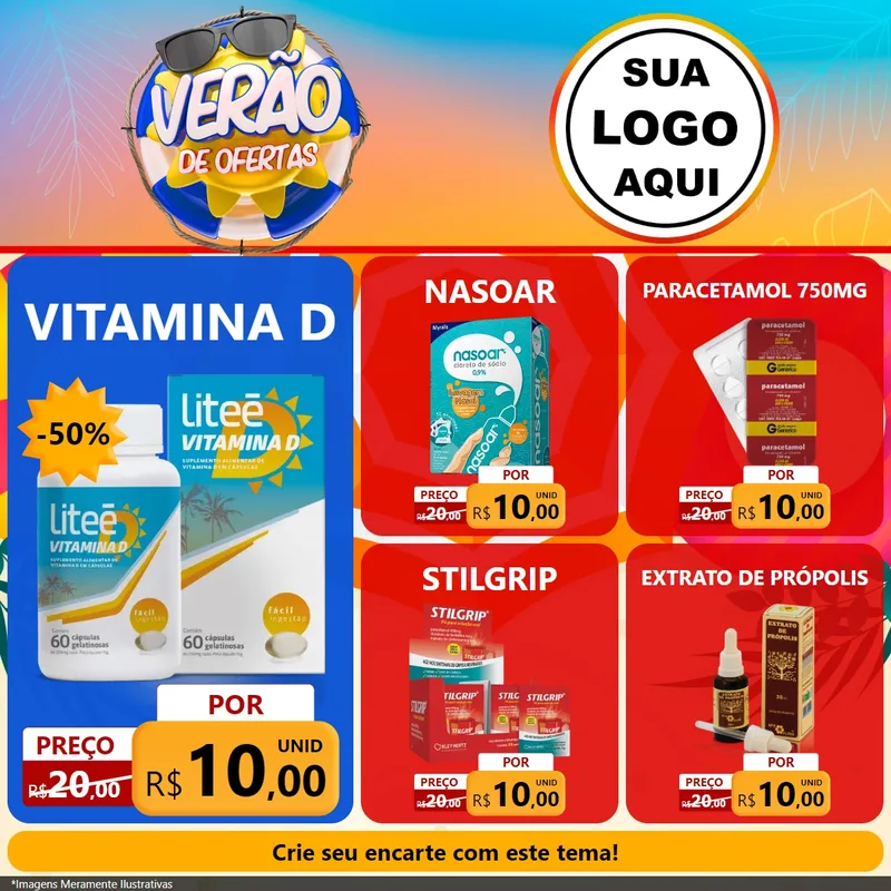 Modelo de Rede Social para Feed Facebook com o tema Verão de Ofertas para Farmácia
