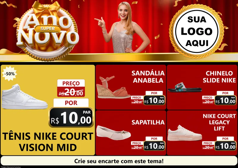 Modelo de Encarte para Encarte A4 Horizontal com o tema Super Ano Novo para Calçados