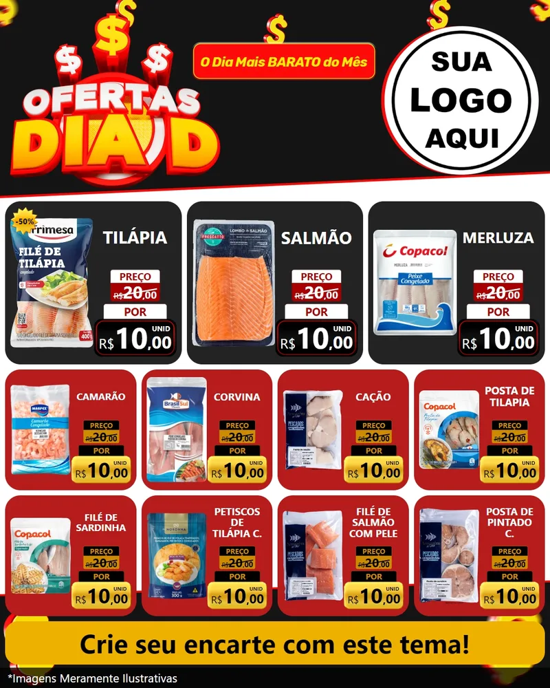 Modelo de Rede Social para Feed Instagram com o tema Ofertas Dia D para Peixaria
