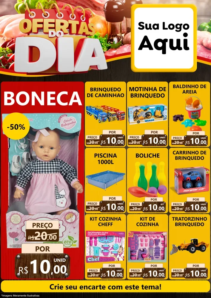 Modelo de Encarte para Encarte A4 Vertical com o tema Ofertas do Dia para Brinquedos